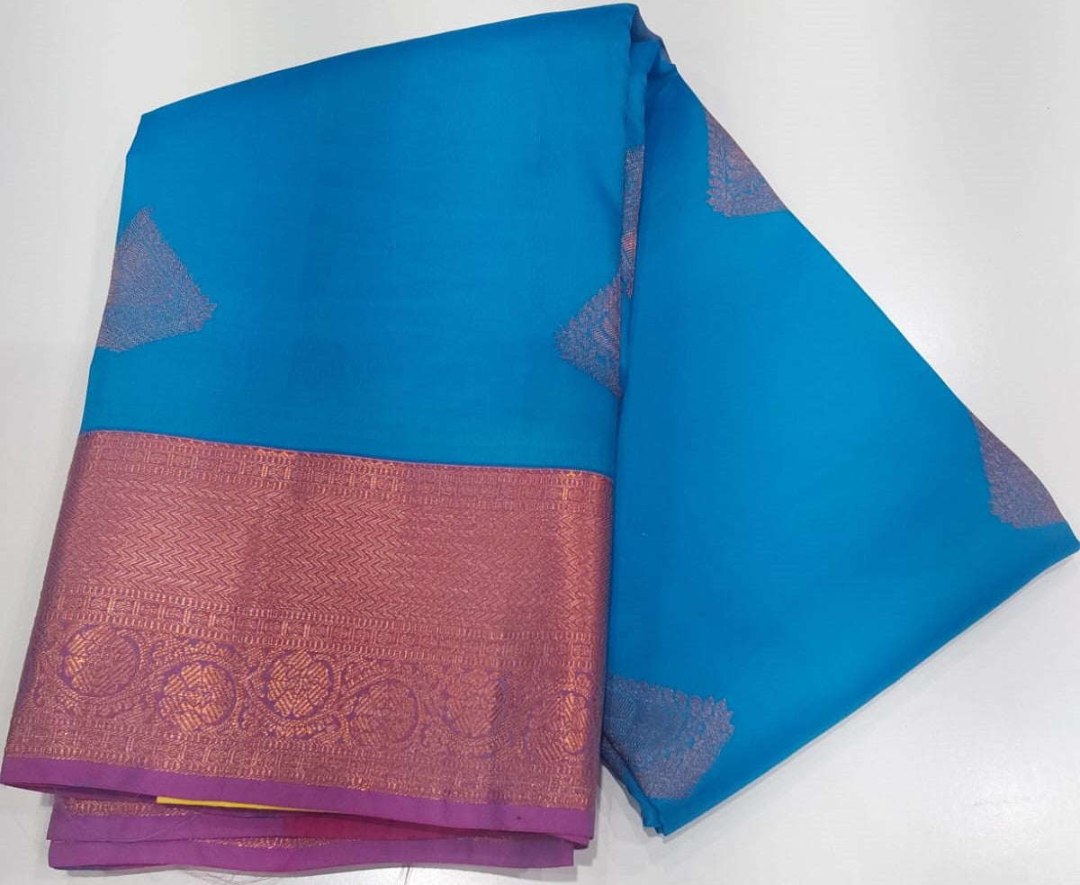 Blue Semi-Silk Party Wear Saree with Contrast Pink Border