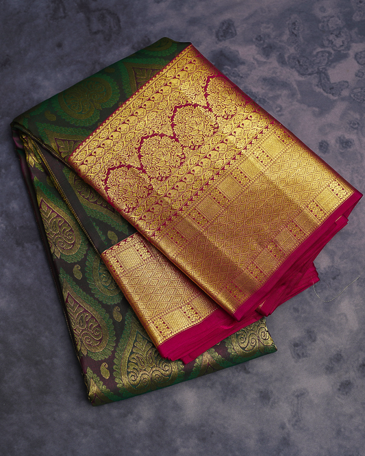 Bottle Green Kanchi Silk Wedding Saree with Contrast Zari Border