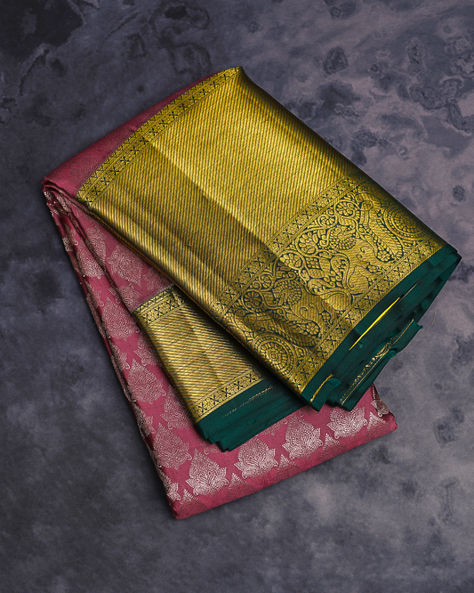 Onion Pink Kanchi Silk Wedding Saree with Yalli and Peacock Design Border