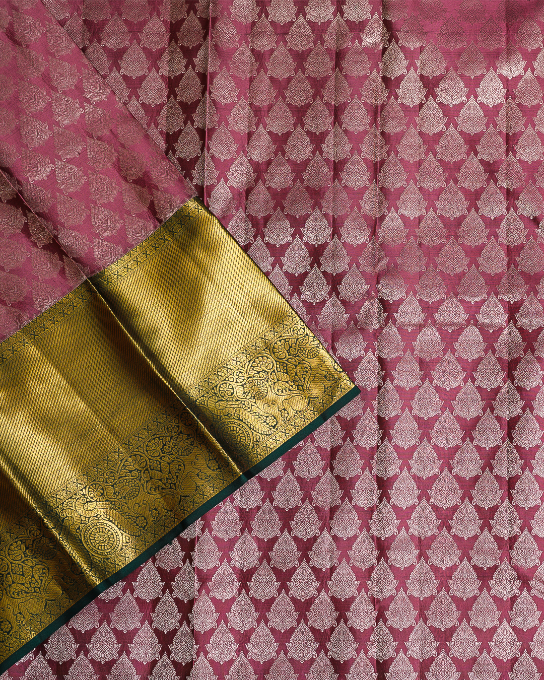 Onion Pink Kanchi Silk Wedding Saree with Yalli and Peacock Design Border