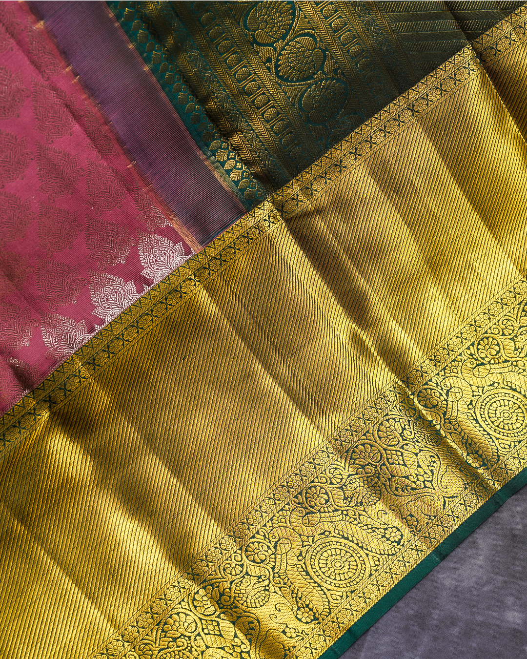 Onion Pink Kanchi Silk Wedding Saree with Yalli and Peacock Design Border