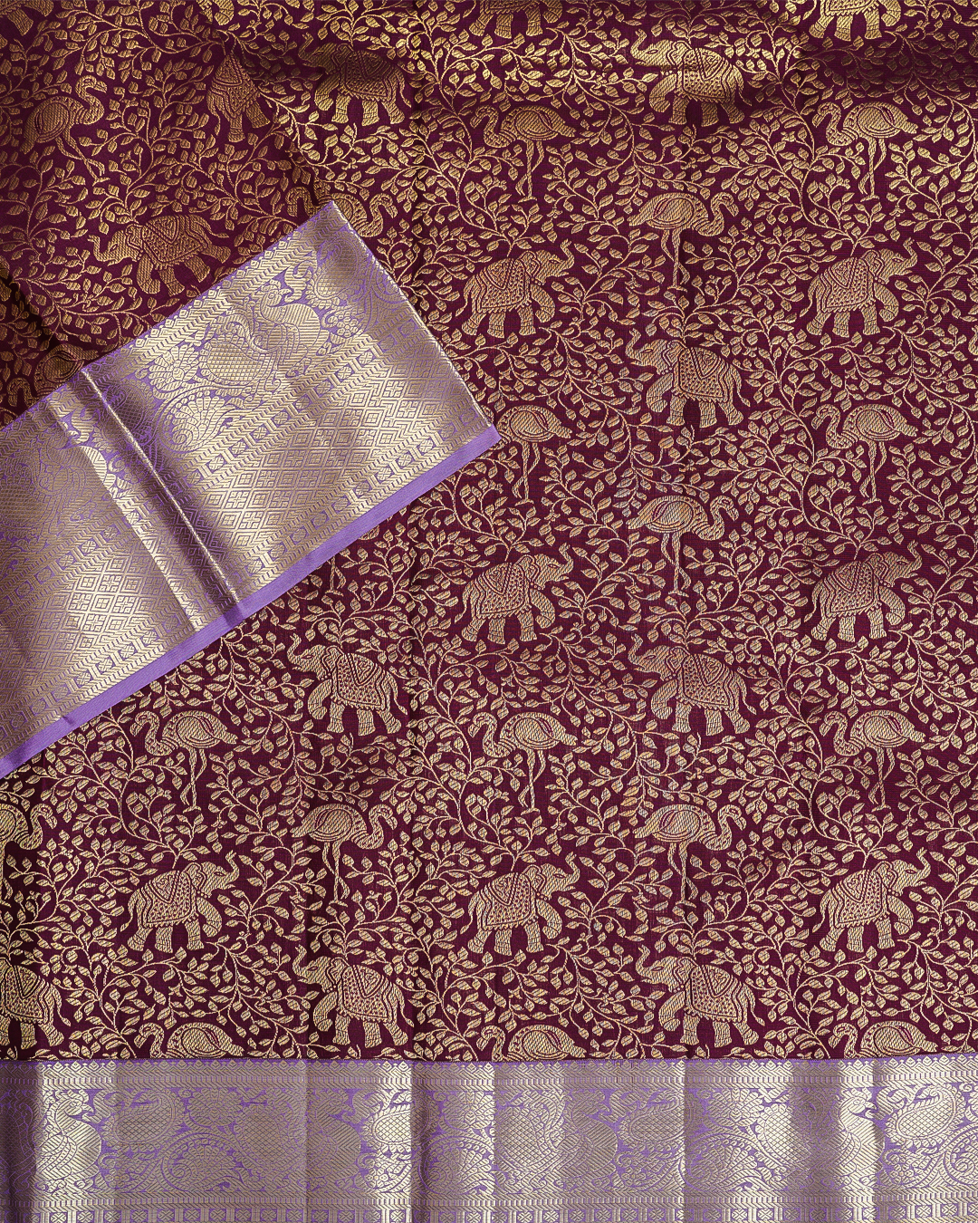 Grand Jacquard Kanchipuram Saree in Dark Maroon with Lavender Border