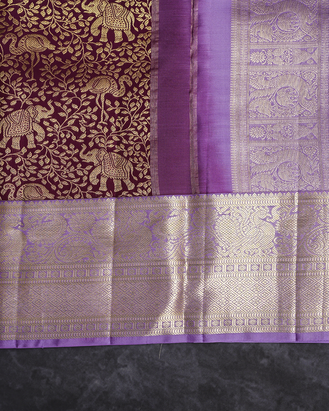 Grand Jacquard Kanchipuram Saree in Dark Maroon with Lavender Border