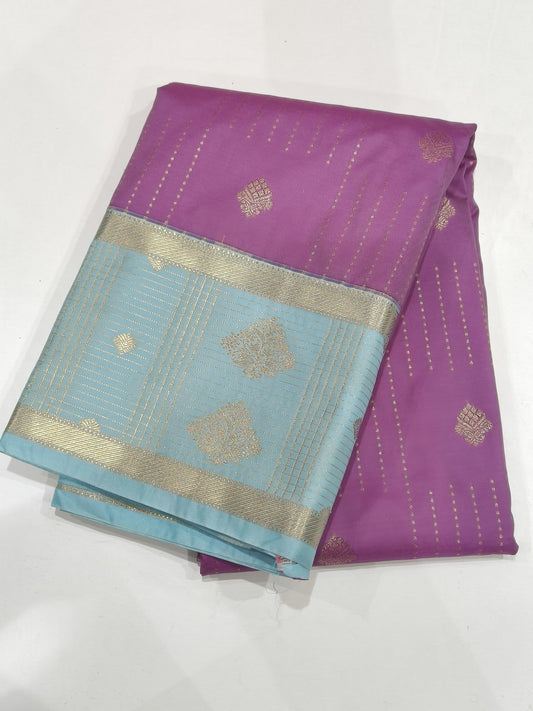 Soft Silk Saree – Purple with Sky Blue Contrast Border & Butta Design