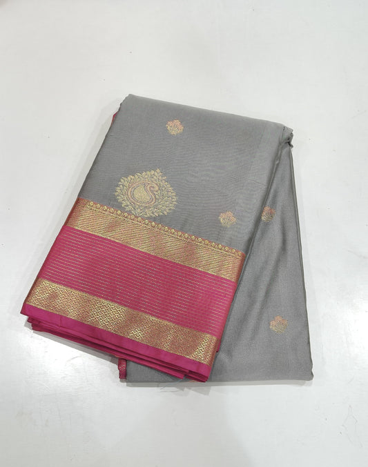 Soft Silk Saree – Grey with Contrast Pink Border & Floral Butta Design