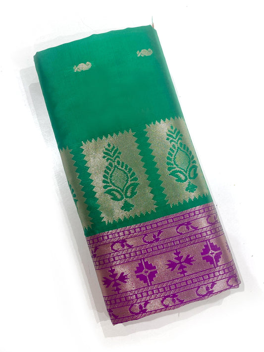 Semi Silk Saree – Green with Violet Contrast Border & Mango Buttas