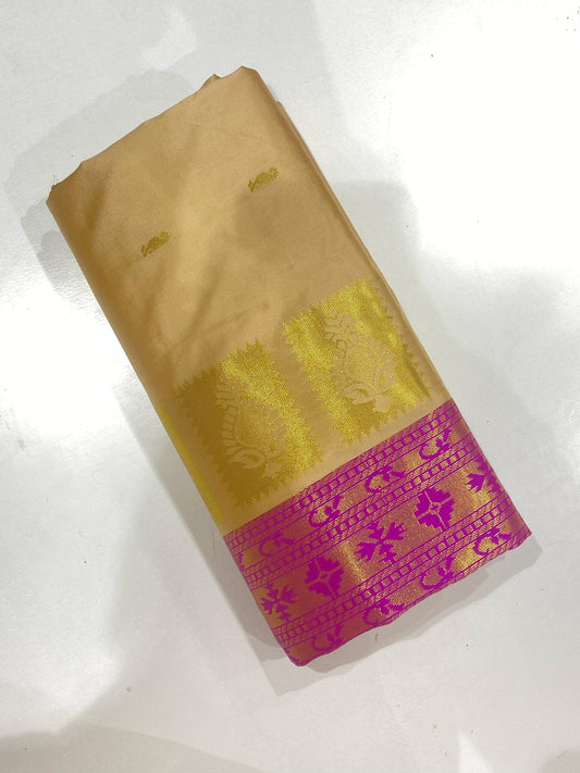 Semi Silk Saree – Light Sandal with Pink Contrast Border & Mango Buttas