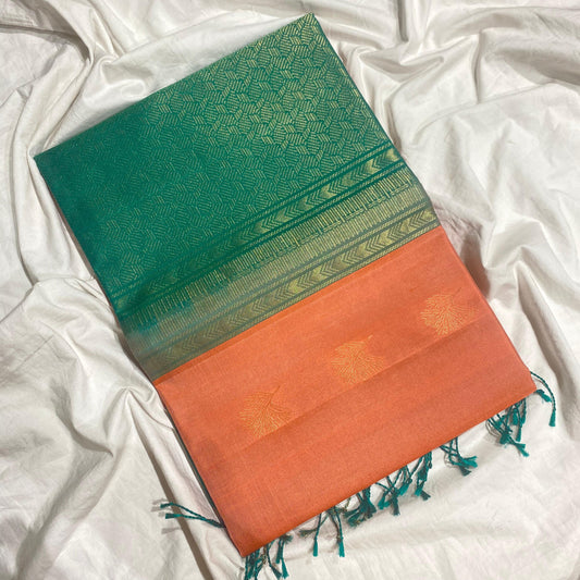 Soft Silk Saree – Peach with Rexona Green Contrast Border