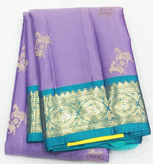Purple Soft Silk Saree with Elegant Peacock Blue Contrast Border