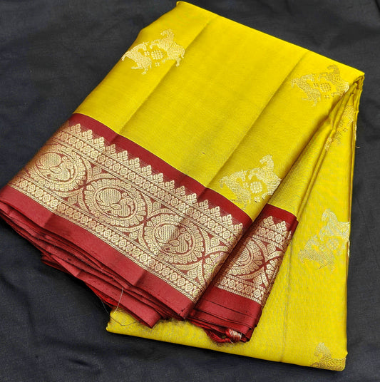 ✨ Sunshine Yellow Soft Silk Saree with Maroon Border