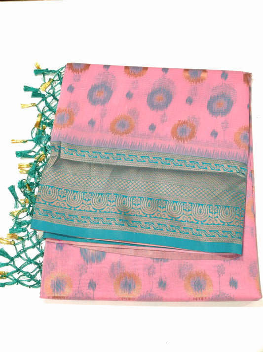 Fancy Saree – Baby Pink with Rexona Green Combination ✨