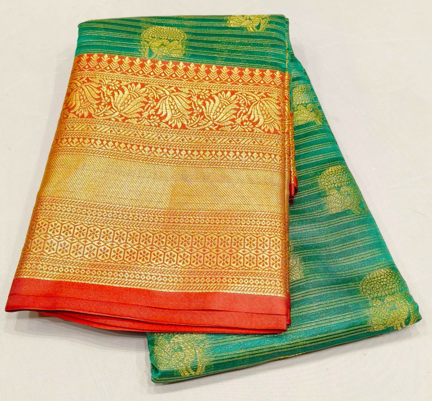 Fancy Silk Saree Bottle Green color with Red color Retta petta border