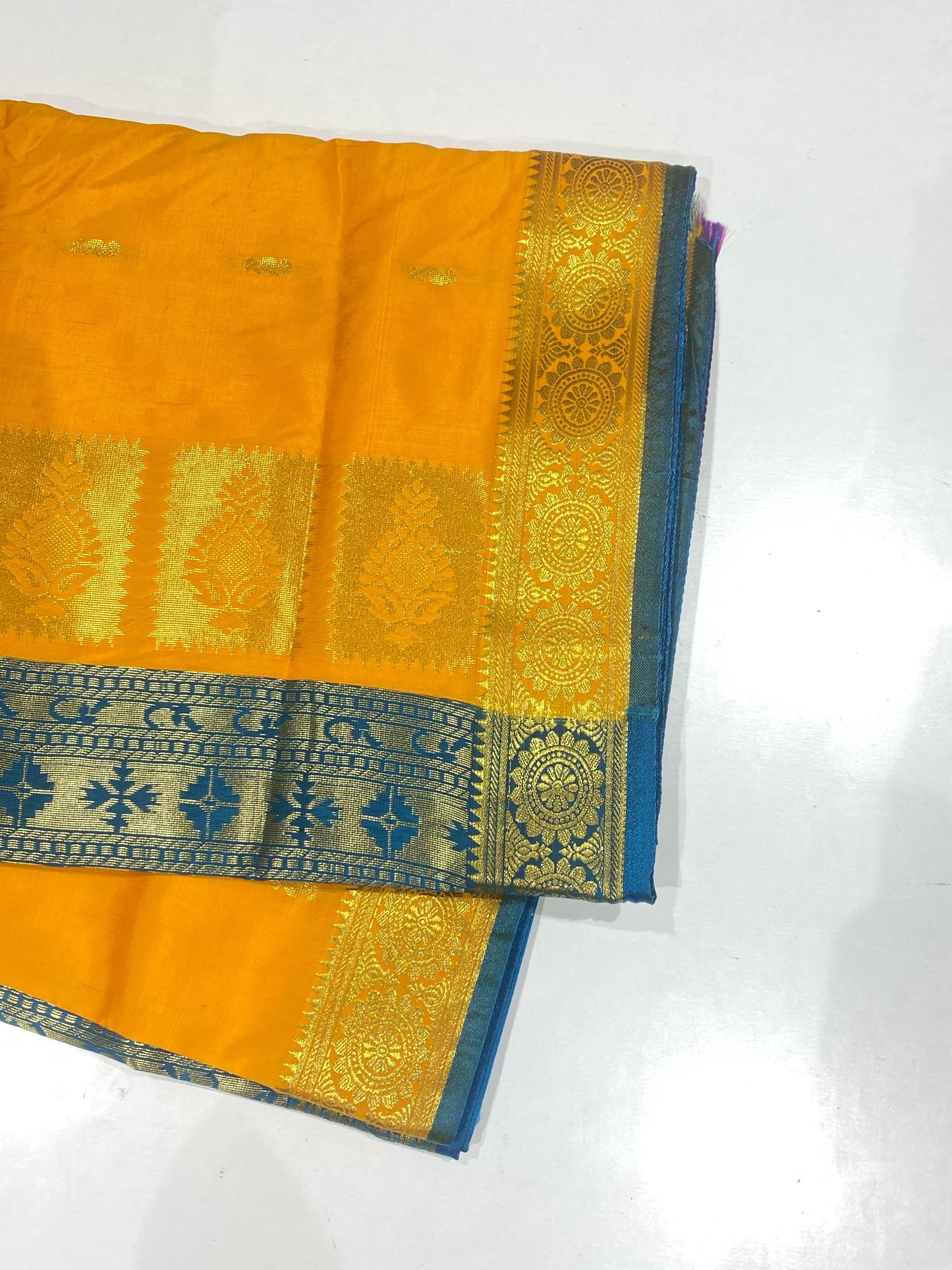 Semi Silk Saree – Yellow with Sky Blue Contrast Border & Mango Buttas