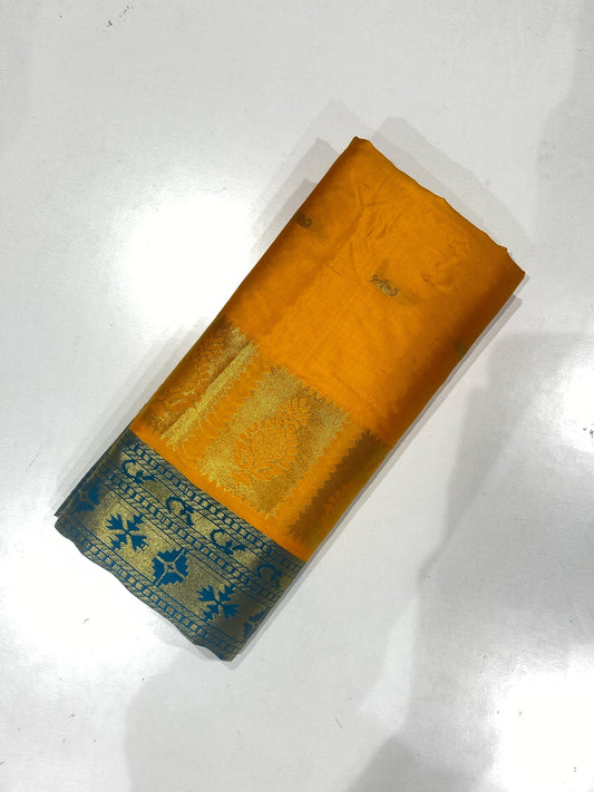 Semi Silk Saree – Yellow with Sky Blue Contrast Border & Mango Buttas