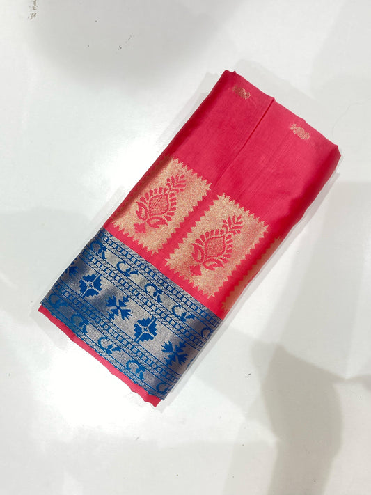 Semi Silk Saree – Pink with Sky Blue Contrast Border & Mango Buttas