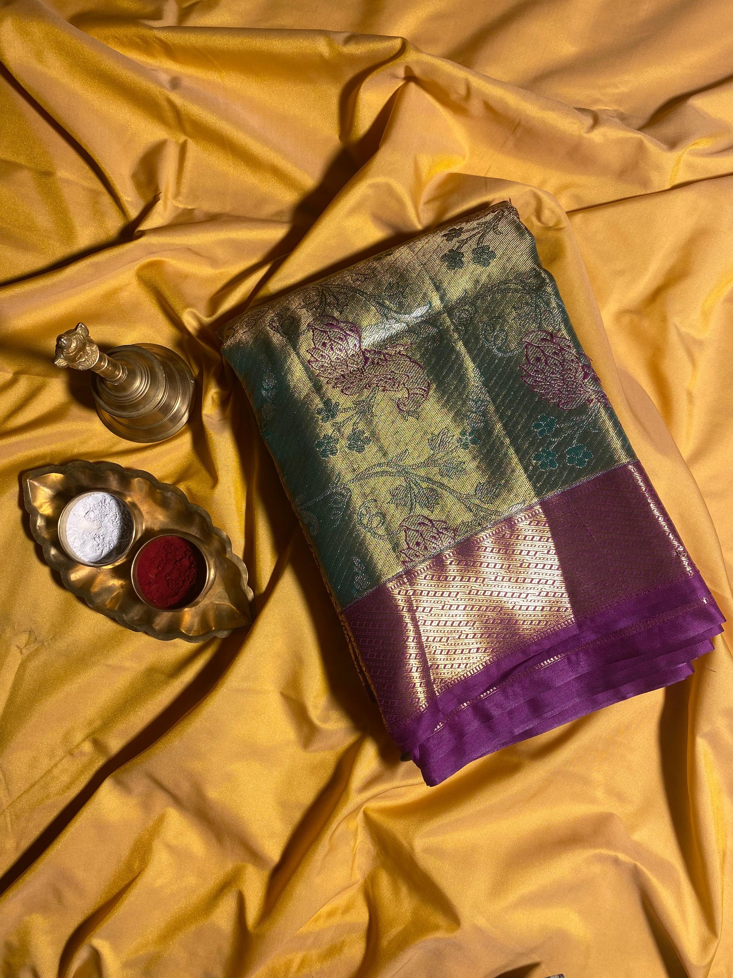 Semi Silk Party Wear Saree – Double Toned Green with Gold Shade & Violet Contrast Border