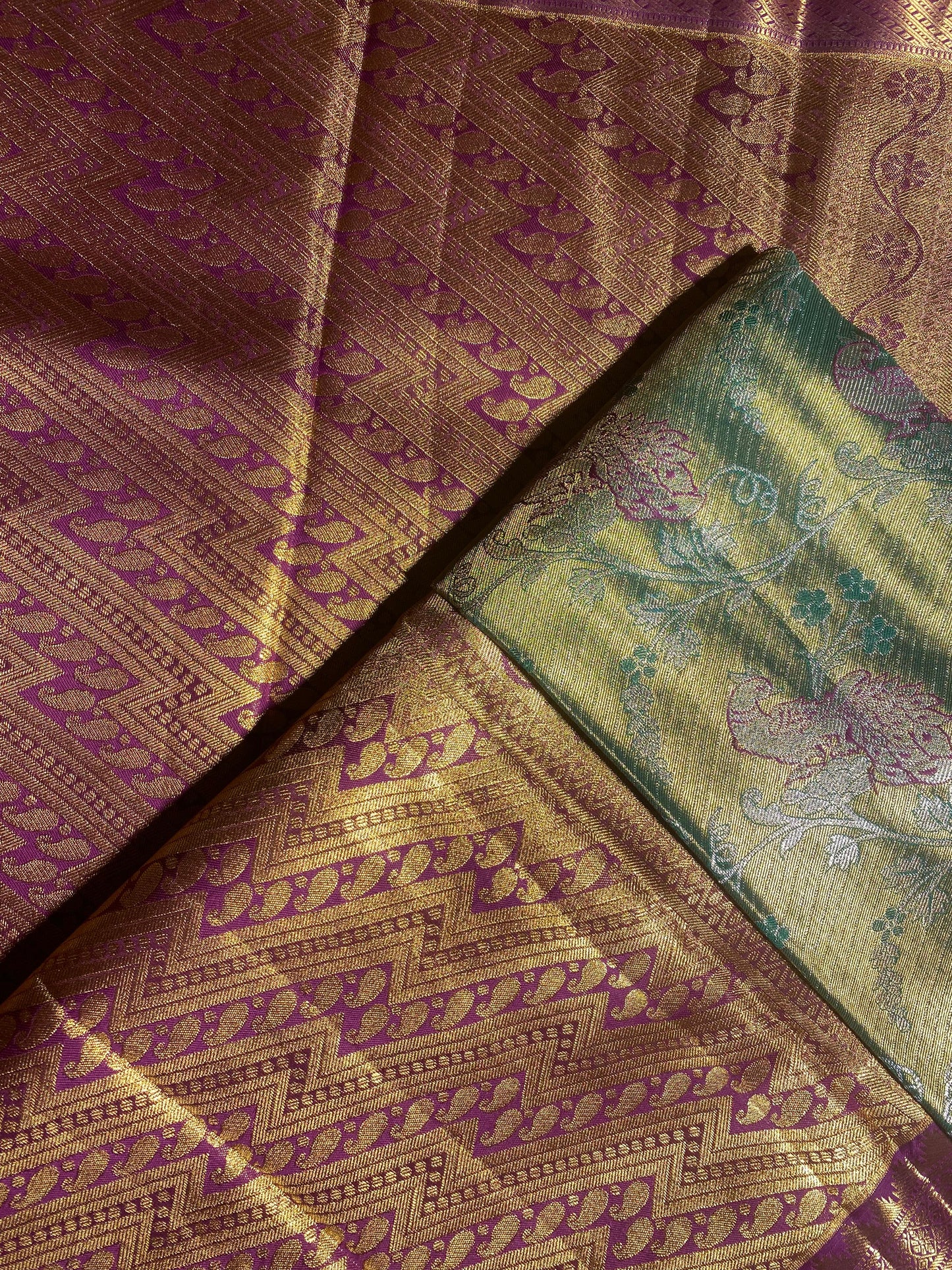 Semi Silk Party Wear Saree – Double Toned Green with Gold Shade & Violet Contrast Border