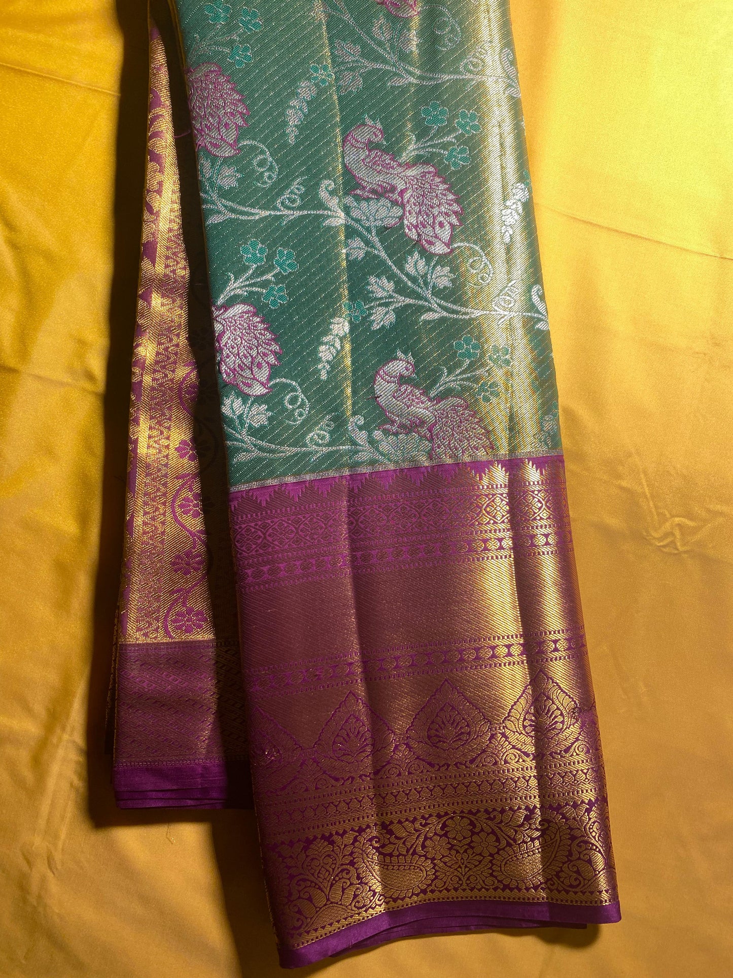 Semi Silk Party Wear Saree – Double Toned Green with Gold Shade & Violet Contrast Border