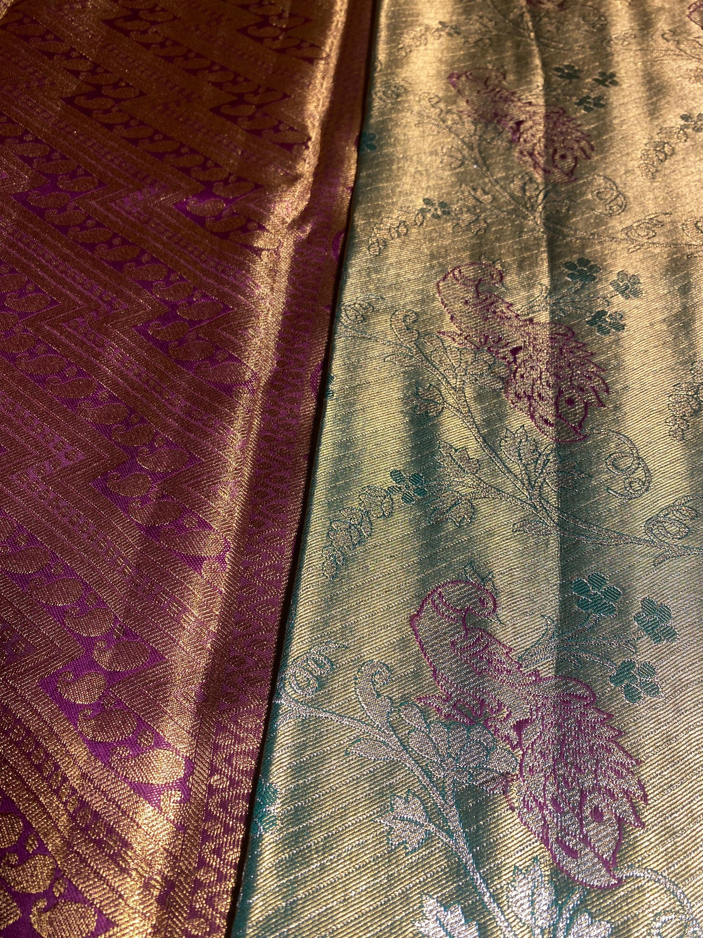 Semi Silk Party Wear Saree – Double Toned Green with Gold Shade & Violet Contrast Border