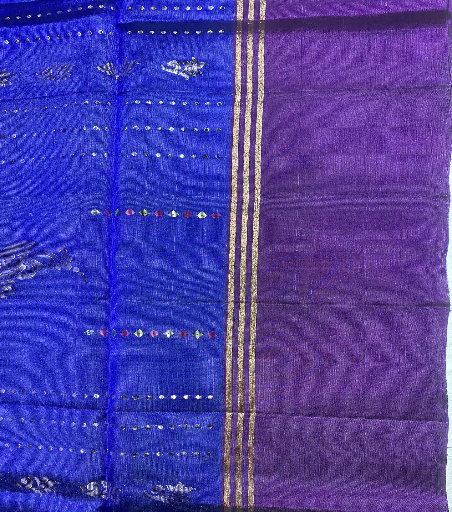 Pure Soft Silk Saree – Blue with Violet Contrast Border & Golden Zari