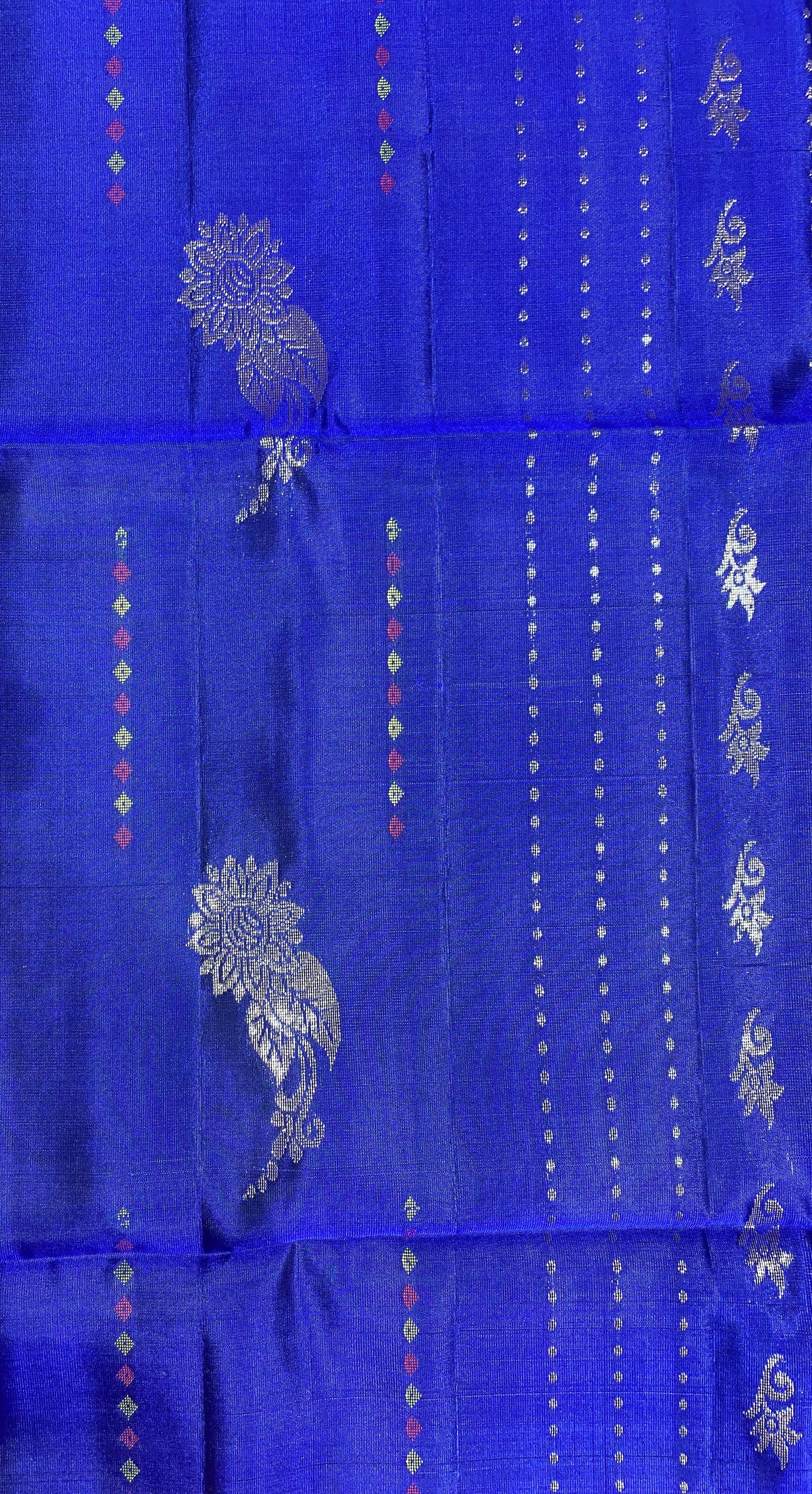 Pure Soft Silk Saree – Blue with Violet Contrast Border & Golden Zari