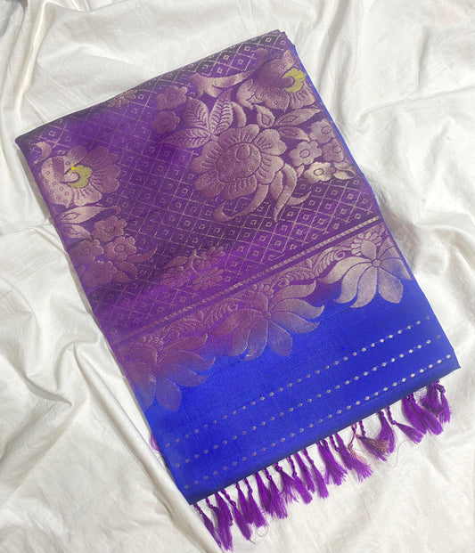 Pure Soft Silk Saree – Blue with Violet Contrast Border & Golden Zari