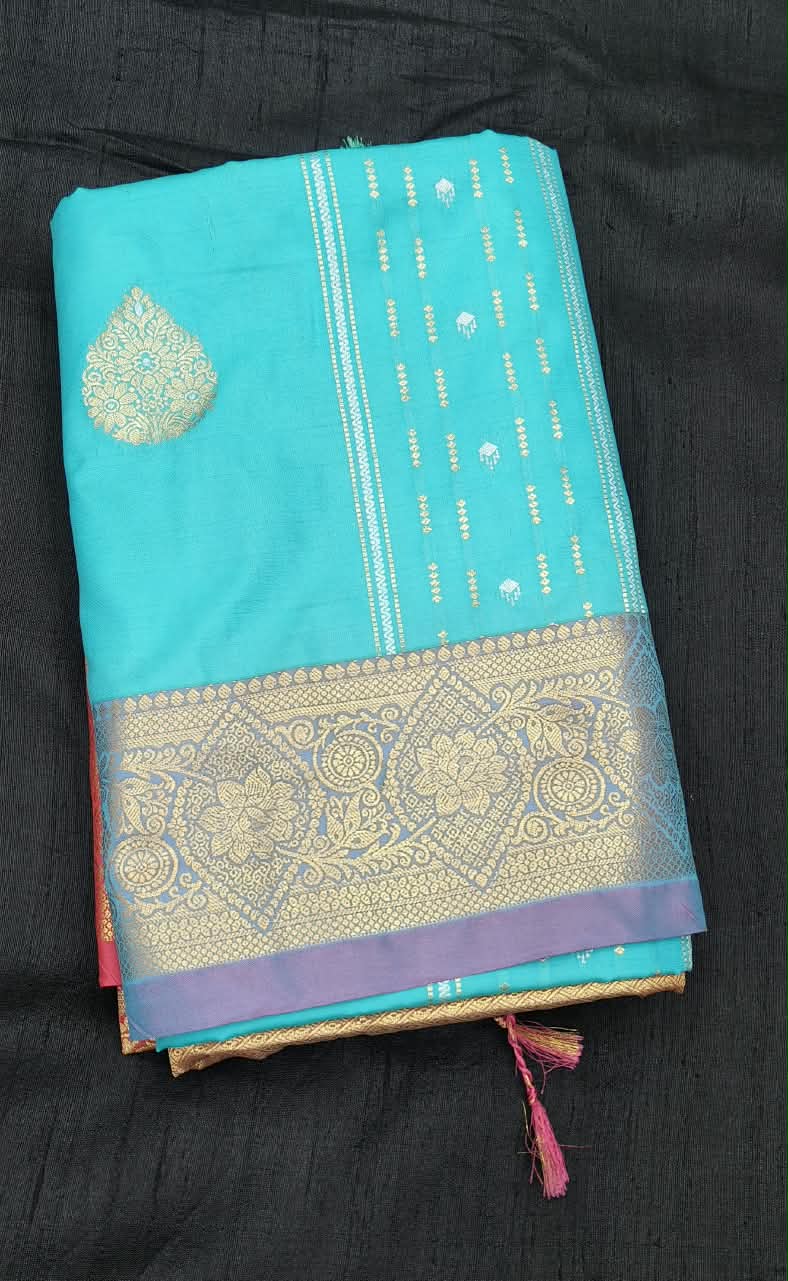 Sky Blue Kanchipuram Silk Saree with Contrast Zari Border