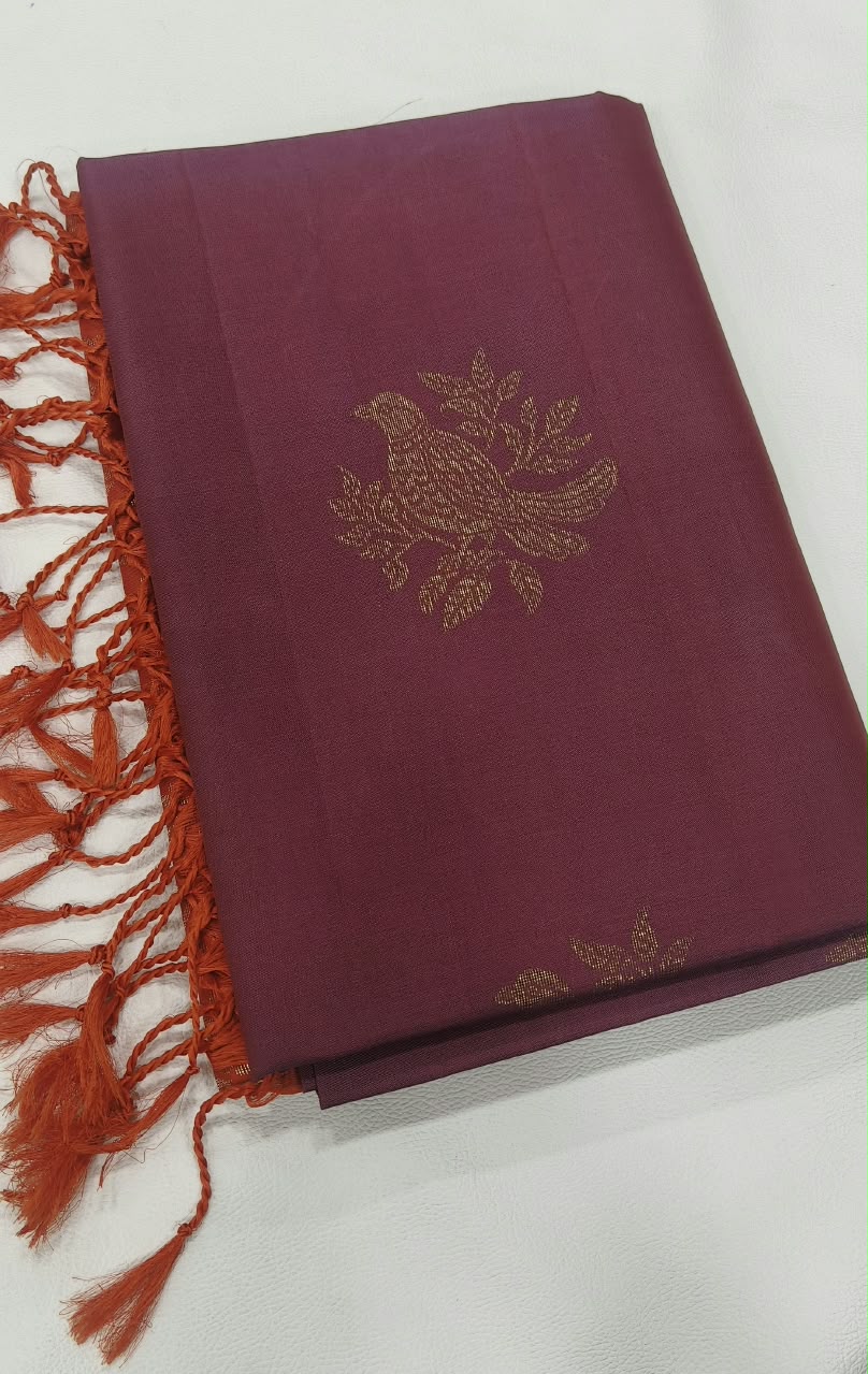 Wine Purple Kanchipuram Silk Saree with Orange Contrast Pallu & Gold Zari Peacock Motifs