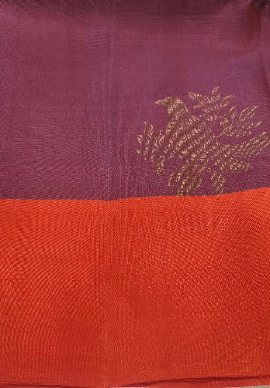 Wine Purple Kanchipuram Silk Saree with Orange Contrast Pallu & Gold Zari Peacock Motifs