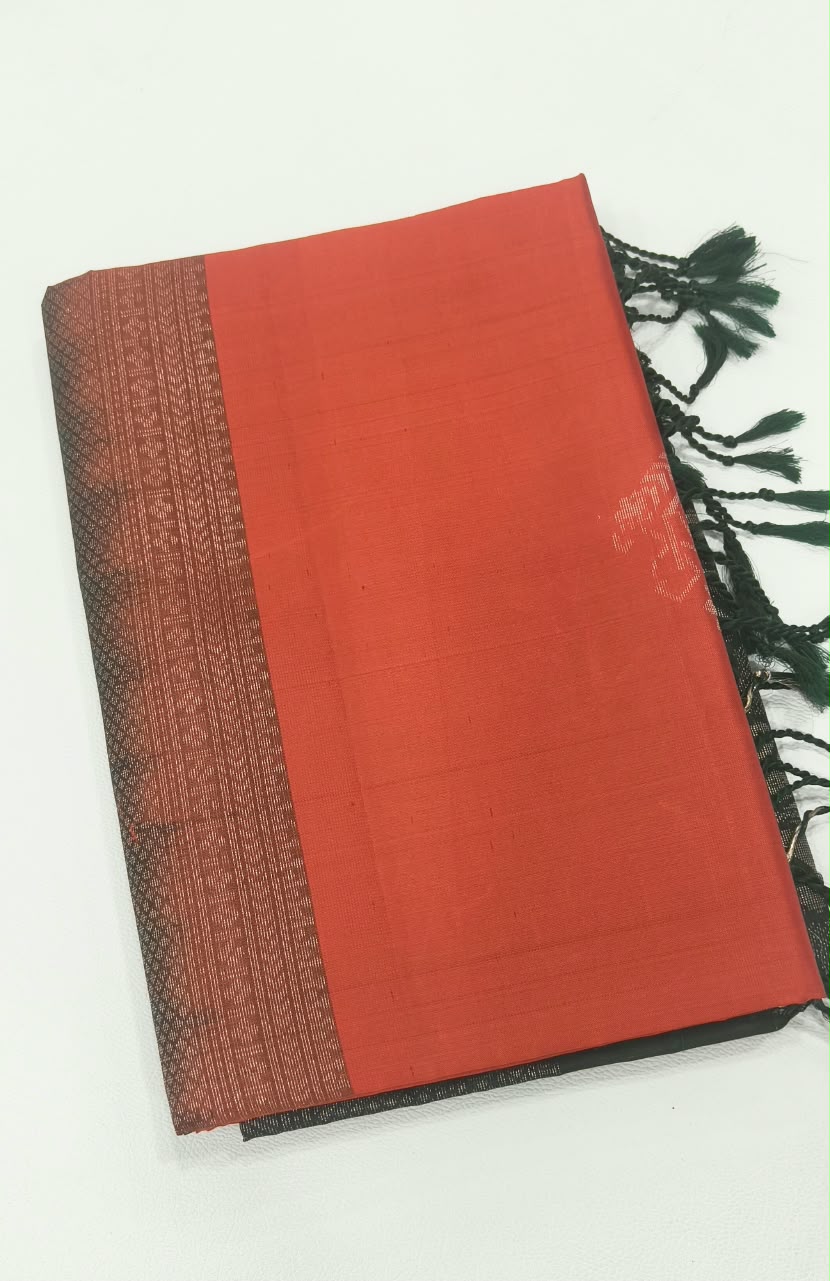 Orange Kanchipuram Silk Saree with Black Contrast Pallu
