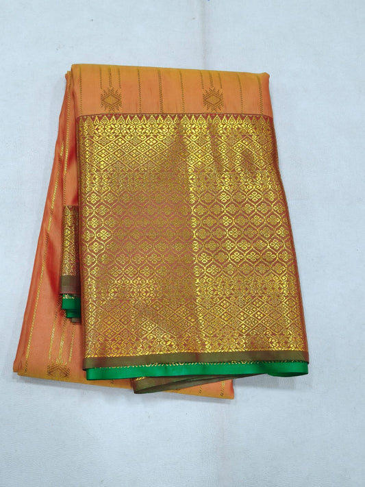 semi silk saree -  orange with green
