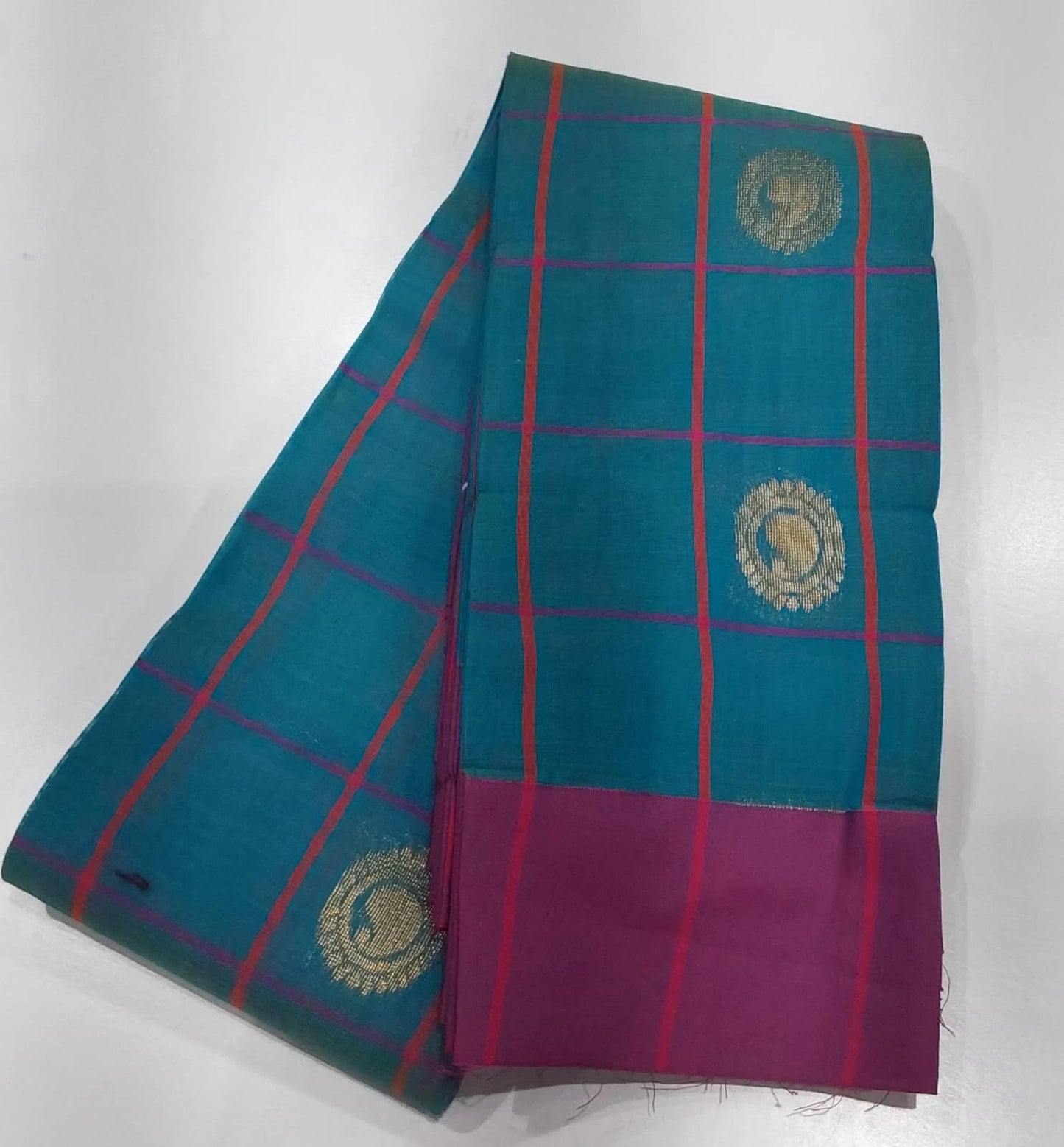 Kanchipuram Silk Cotton Sarees in Peacock blue with pink color border