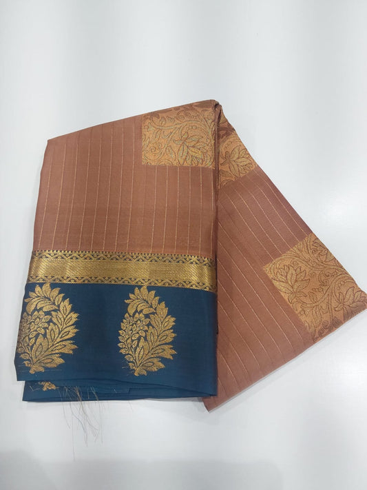 Semi Silk Party Wear Saree in Chocolate Brown with Contrasting Blue Border