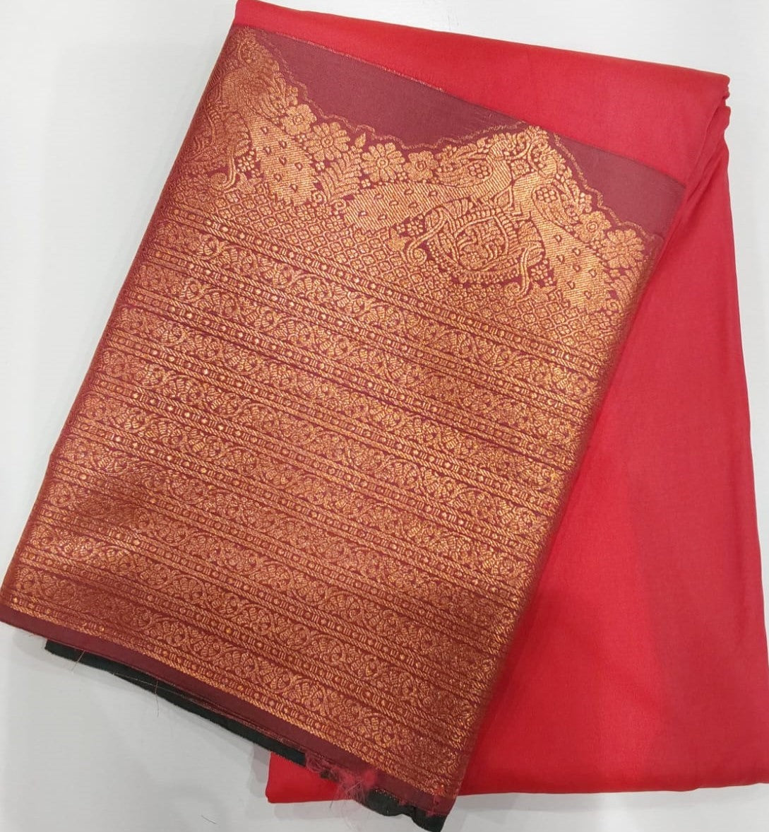 Semi-Silk Party Wear Saree in Red with Maroon Border